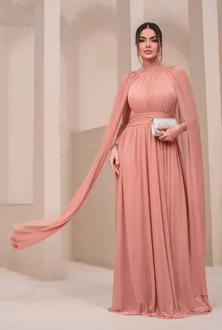 Vestido longo de tule con gola e manga capa - Imagem 3